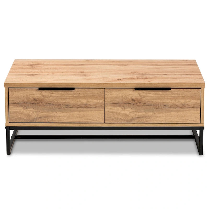 Franklin Oak Brown Wood and Black Metal 2-Drawer Coffee Table