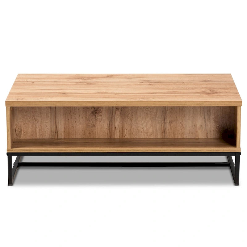 Franklin Oak Brown Wood and Black Metal 2-Drawer Coffee Table