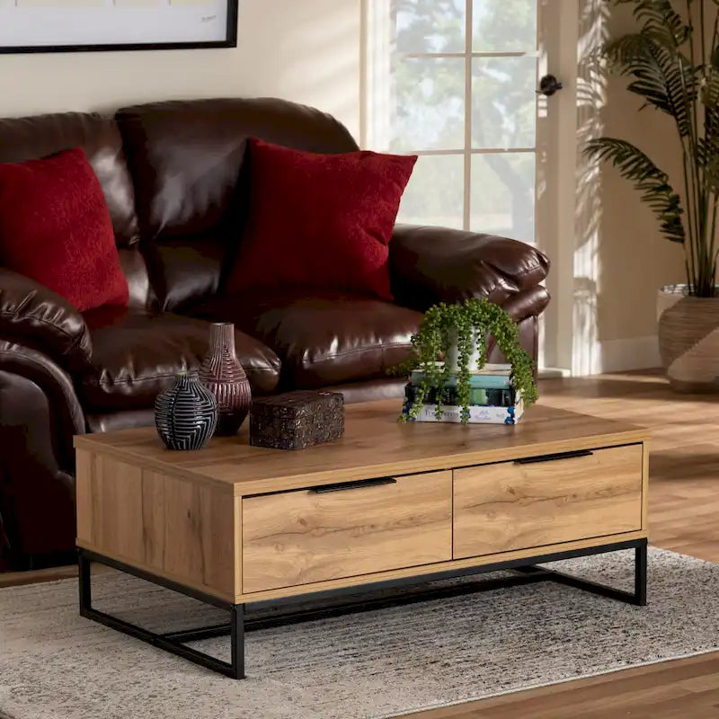 Franklin Oak Brown Wood and Black Metal 2-Drawer Coffee Table