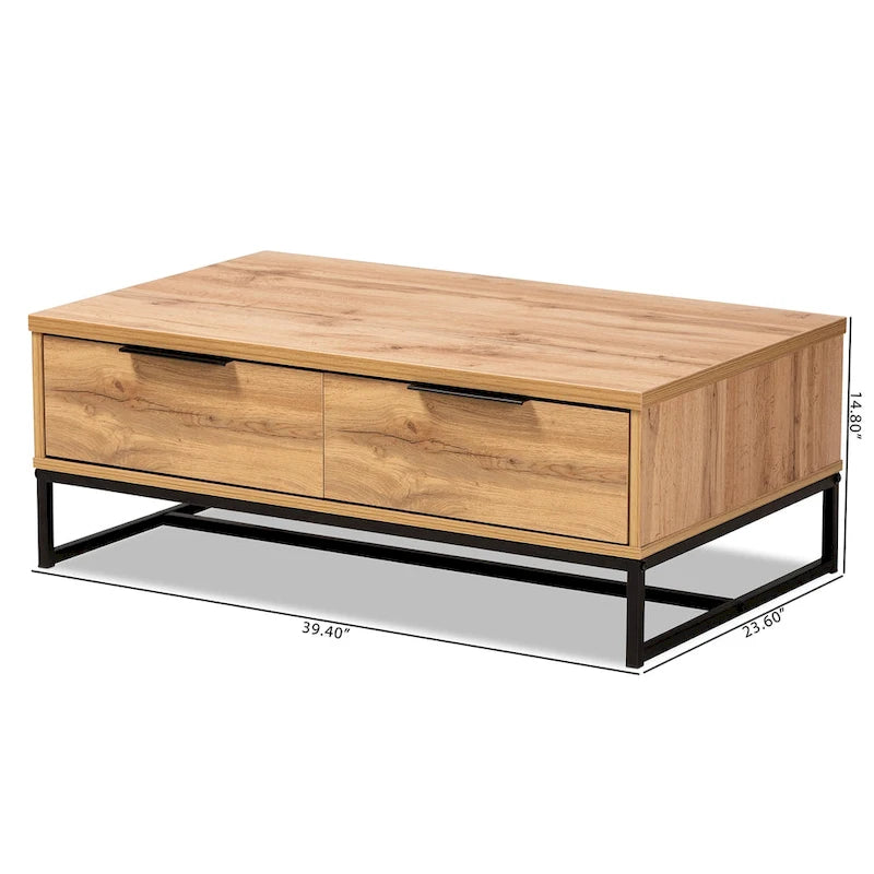 Franklin Oak Brown Wood and Black Metal 2-Drawer Coffee Table