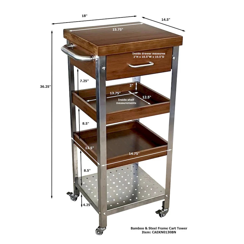 Solid Bamboo & Stainless Steel Kitchen Cart Tower with Drawer
