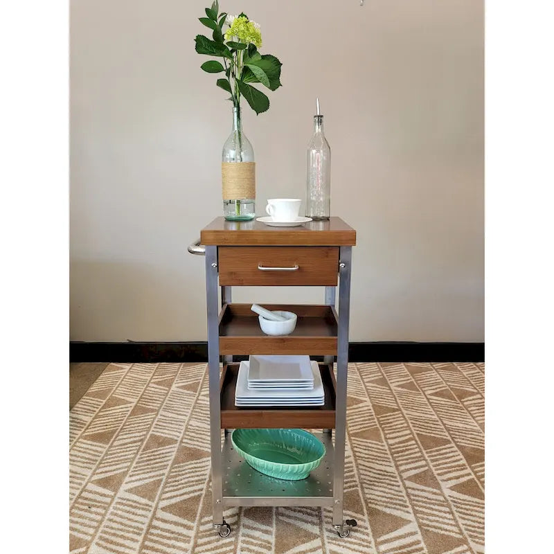 Solid Bamboo & Stainless Steel Kitchen Cart Tower with Drawer