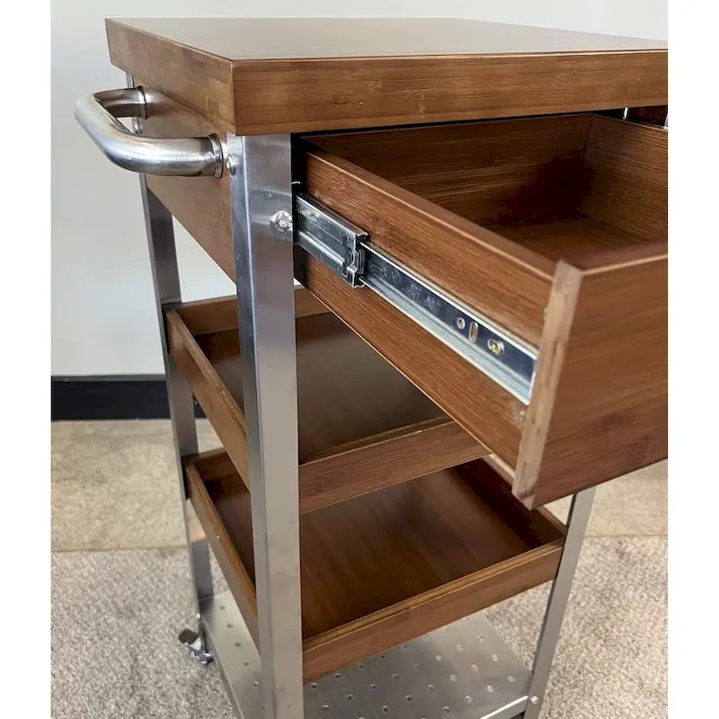 Solid Bamboo & Stainless Steel Kitchen Cart Tower with Drawer