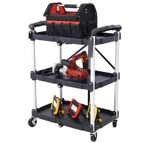 3-Tier Folding Collapsible Service Cart, 50 Lb Load Capacity per Shelf - 25.6Lx15.4Wx32.7H