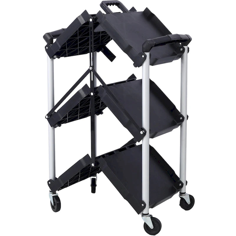 3-Tier Folding Collapsible Service Cart, 50 Lb Load Capacity per Shelf - 25.6Lx15.4Wx32.7H