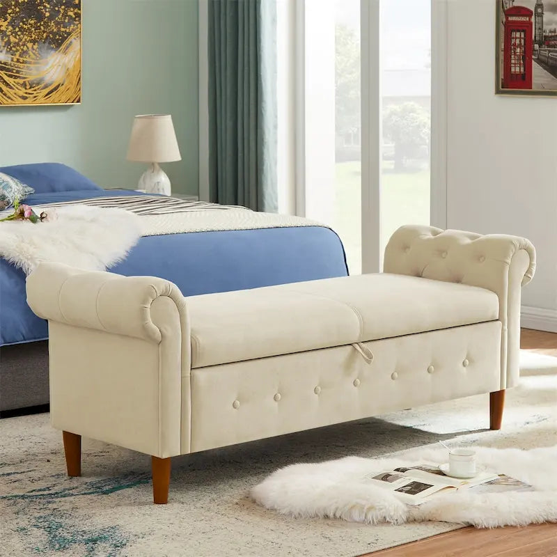 Storage Bench for Bedroom End of Bed Rolled Armed Linen Fabric Ottoman Couch Long Bench