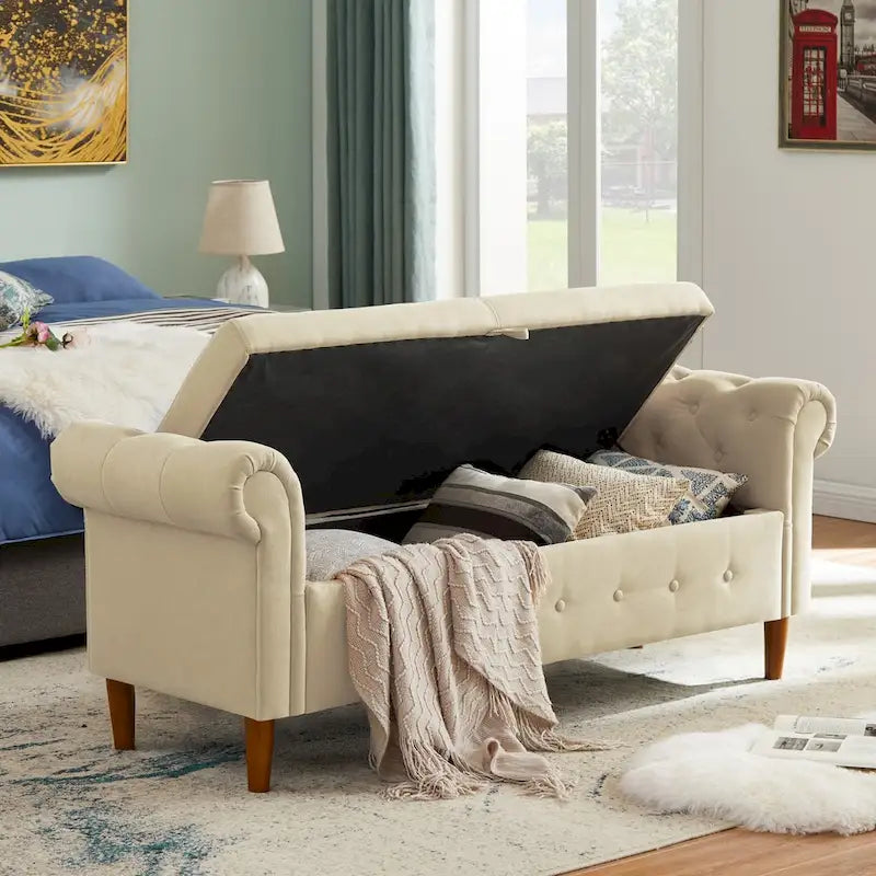 Storage Bench for Bedroom End of Bed Rolled Armed Linen Fabric Ottoman Couch Long Bench