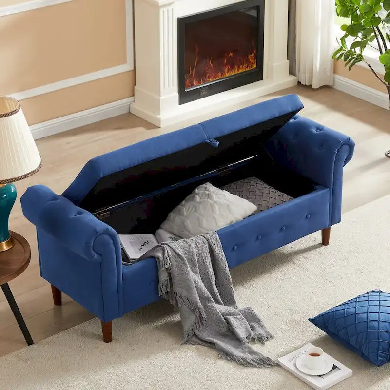 Storage Bench for Bedroom End of Bed Rolled Armed Linen Fabric Ottoman Couch Long Bench