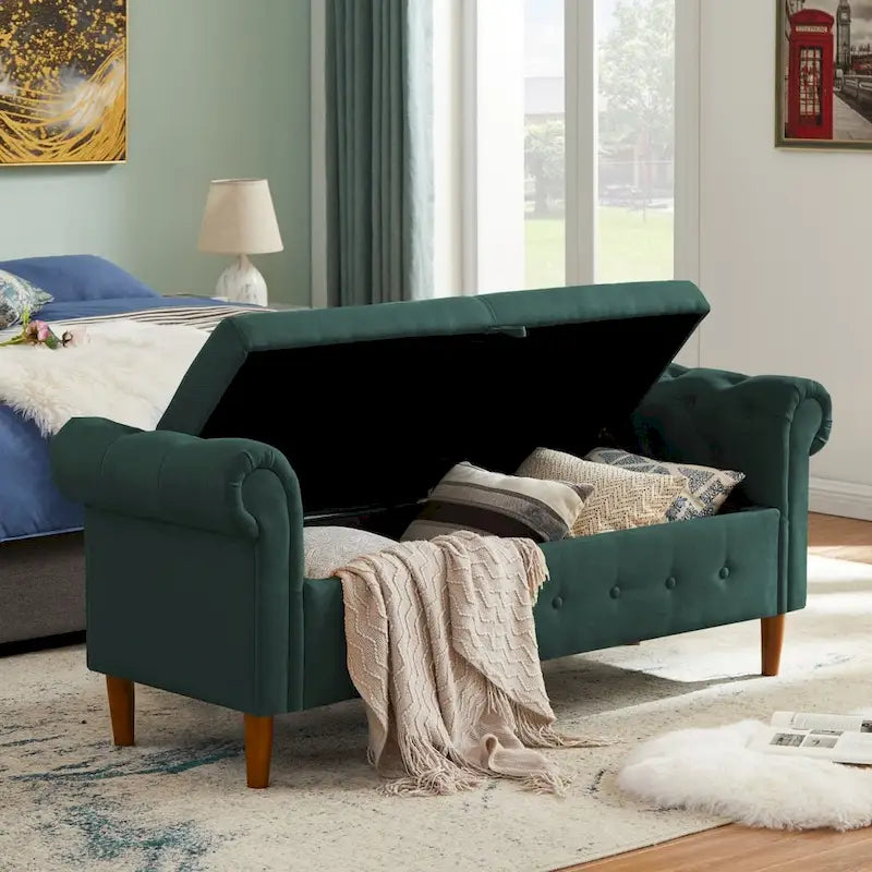Storage Bench for Bedroom End of Bed Rolled Armed Linen Fabric Ottoman Couch Long Bench