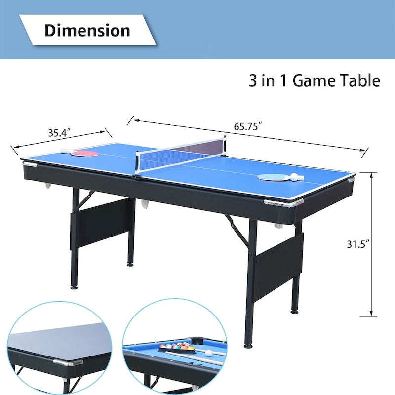 65.7 Portable 3-in-1 Game Tables,Pool,Ping Pong,Tabletop for Home - N/A