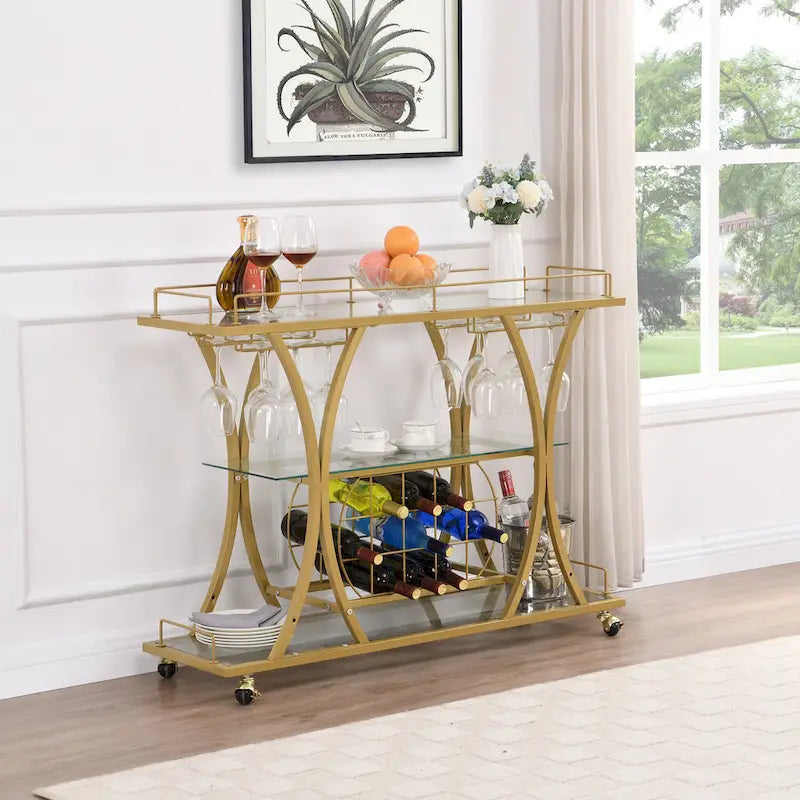 Bar Cart with Wine Rack Tempered Glass Metal Frame Wine Storage