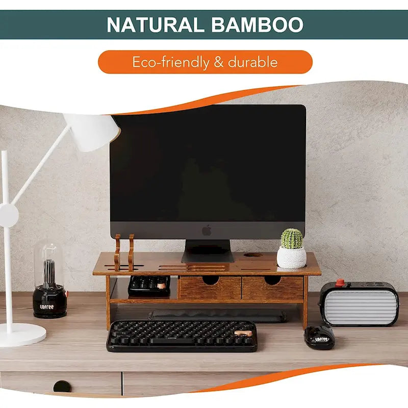 Wood Computer Monitor Stand Desktop Organizer with Drawer