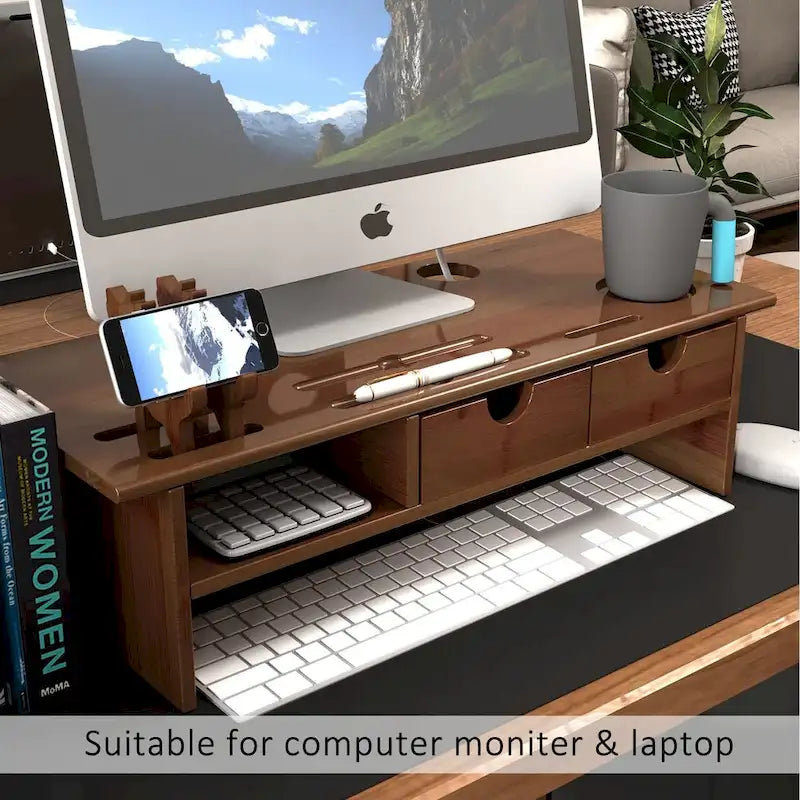 Wood Computer Monitor Stand Desktop Organizer with Drawer