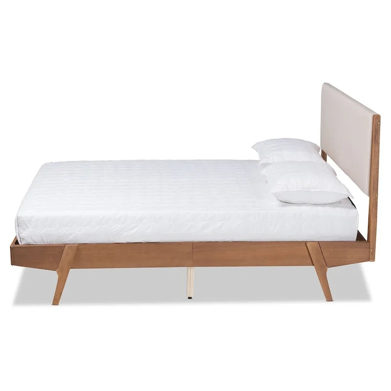 Senna Mid-Century Modern Fabric Upholstered Wood Platform Bed in Beige