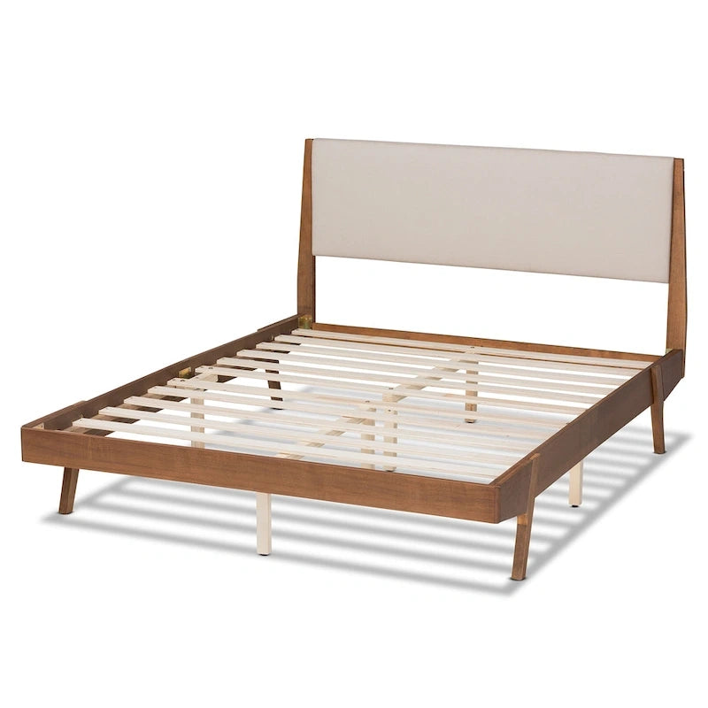 Senna Mid-Century Modern Fabric Upholstered Wood Platform Bed in Beige