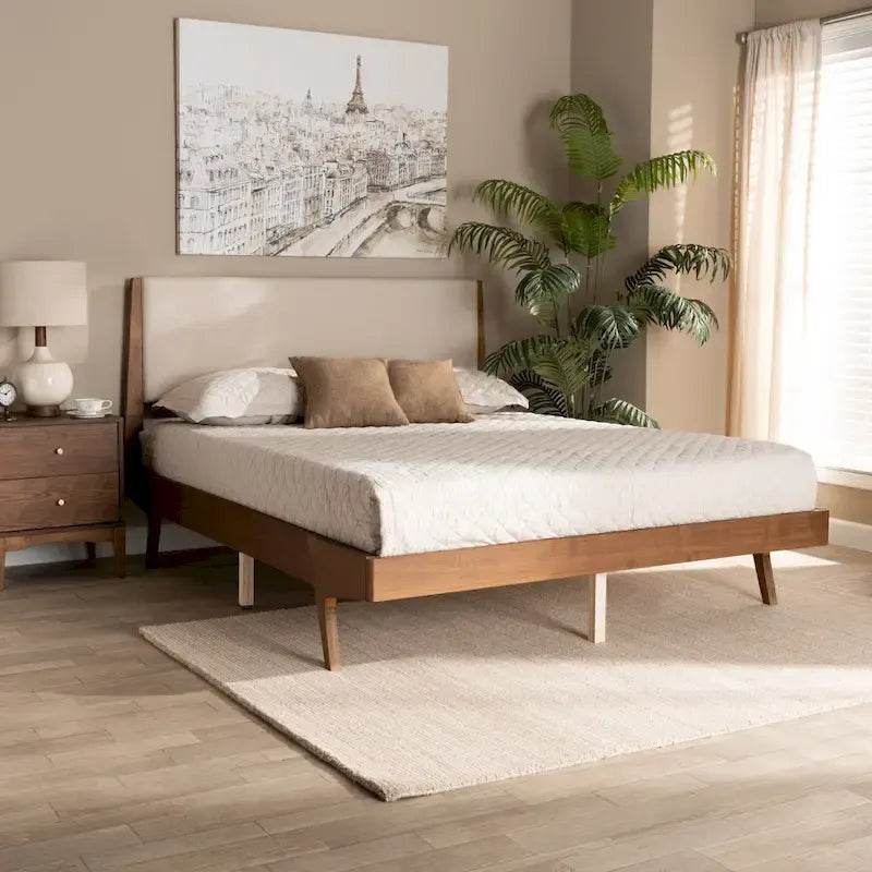 Senna Mid-Century Modern Fabric Upholstered Wood Platform Bed in Beige