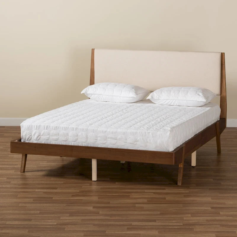 Senna Mid-Century Modern Fabric Upholstered Wood Platform Bed in Beige