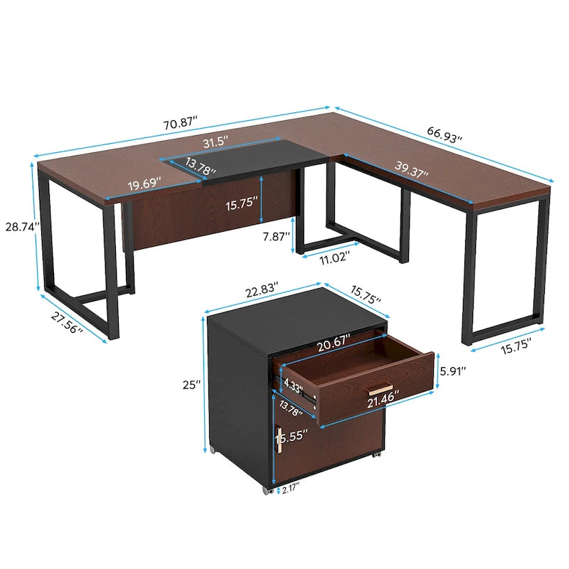 70.8 Executive Desk with File Cabinet, Large L-Shaped Office Executive Desk Computer Desk