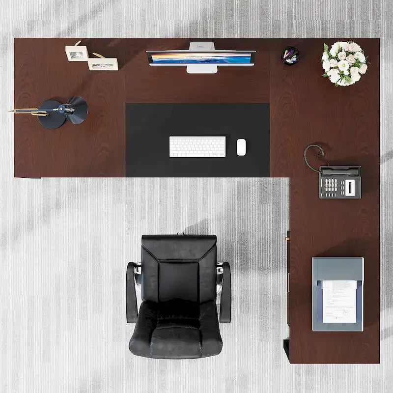 70.8 Executive Desk with File Cabinet, Large L-Shaped Office Executive Desk Computer Desk