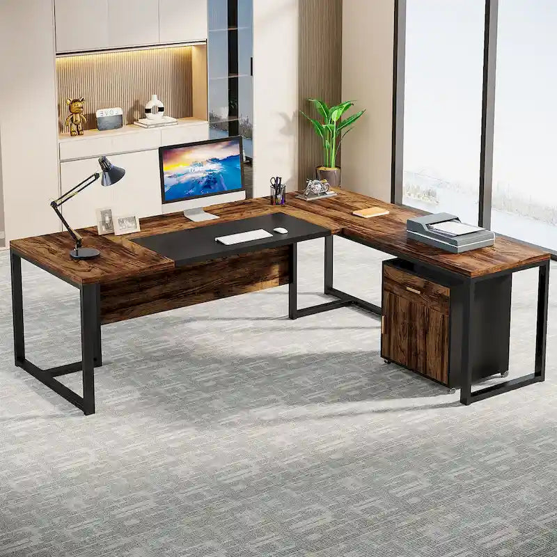 70.8 Executive Desk with File Cabinet, Large L-Shaped Office Executive Desk Computer Desk