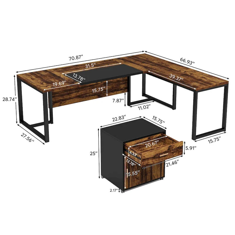 70.8 Executive Desk with File Cabinet, Large L-Shaped Office Executive Desk Computer Desk