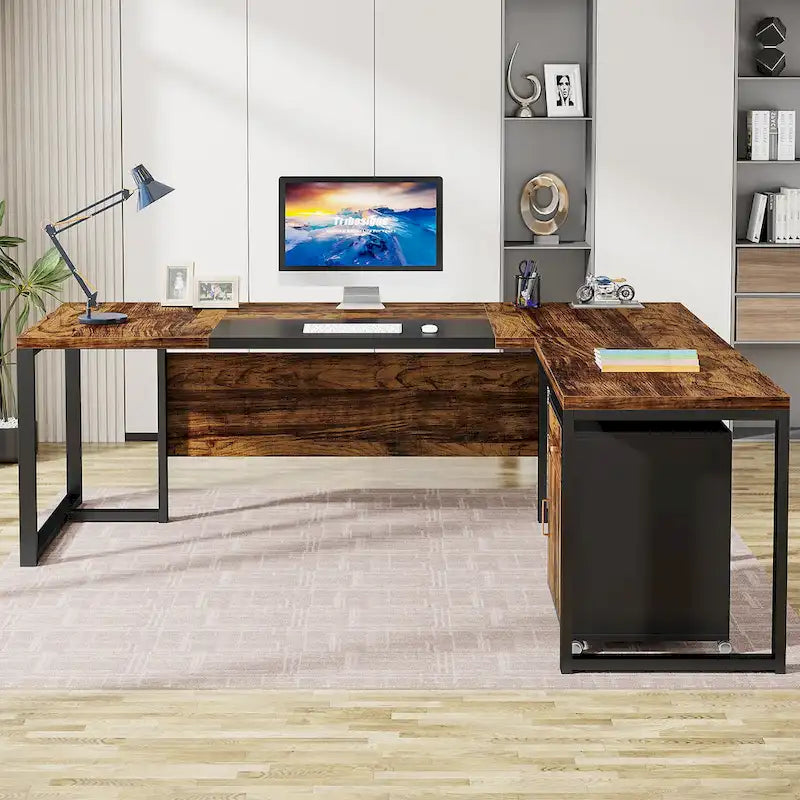 70.8 Executive Desk with File Cabinet, Large L-Shaped Office Executive Desk Computer Desk