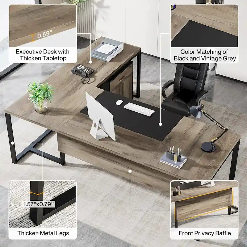 70.8 Executive Desk with File Cabinet, Large L-Shaped Office Executive Desk Computer Desk