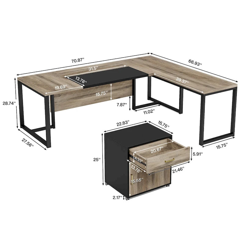 70.8 Executive Desk with File Cabinet, Large L-Shaped Office Executive Desk Computer Desk
