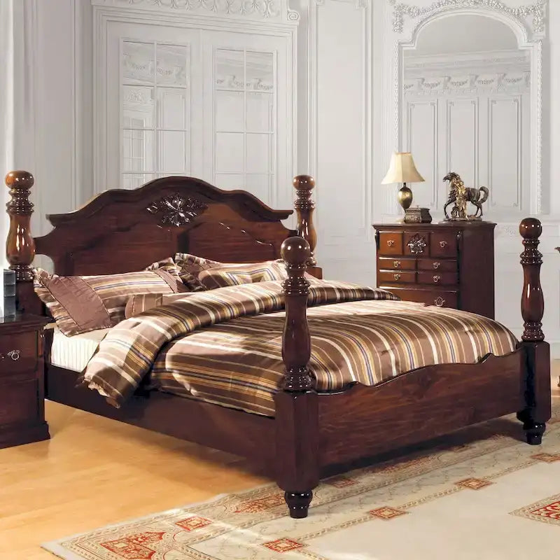 Wooden Turned Post Bed in Glossy Dark Pine