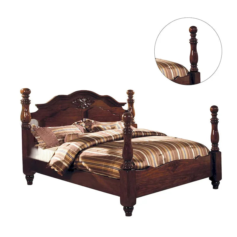 Wooden Turned Post Bed in Glossy Dark Pine