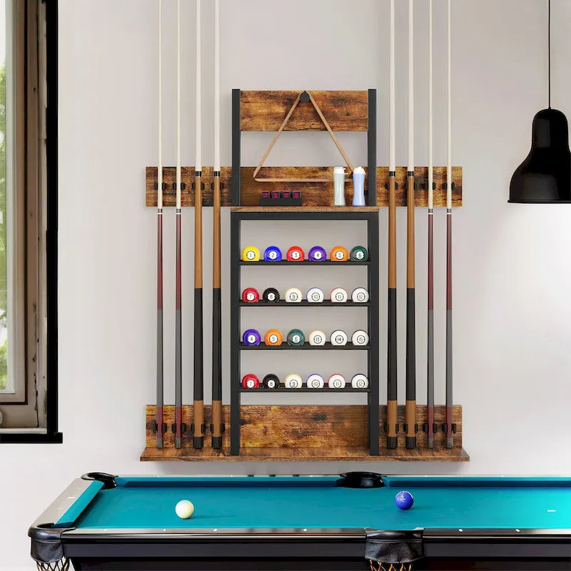 Moasis 8-Cue Wall Mounting Billiard Rack with 24-Ball Storage Rack