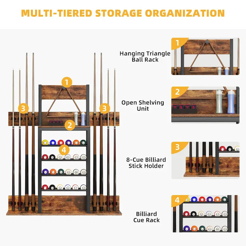 Moasis 8-Cue Wall Mounting Billiard Rack with 24-Ball Storage Rack