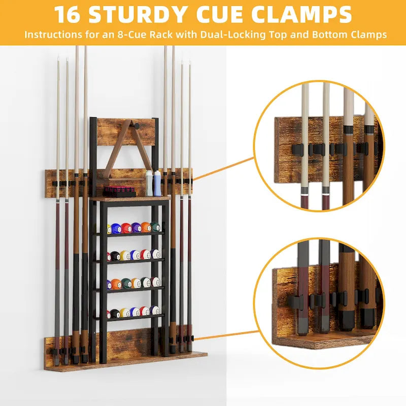 Moasis 8-Cue Wall Mounting Billiard Rack with 24-Ball Storage Rack