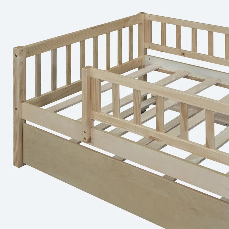 Twin Size Wood Daybed with Trundle and Fence Guardrails