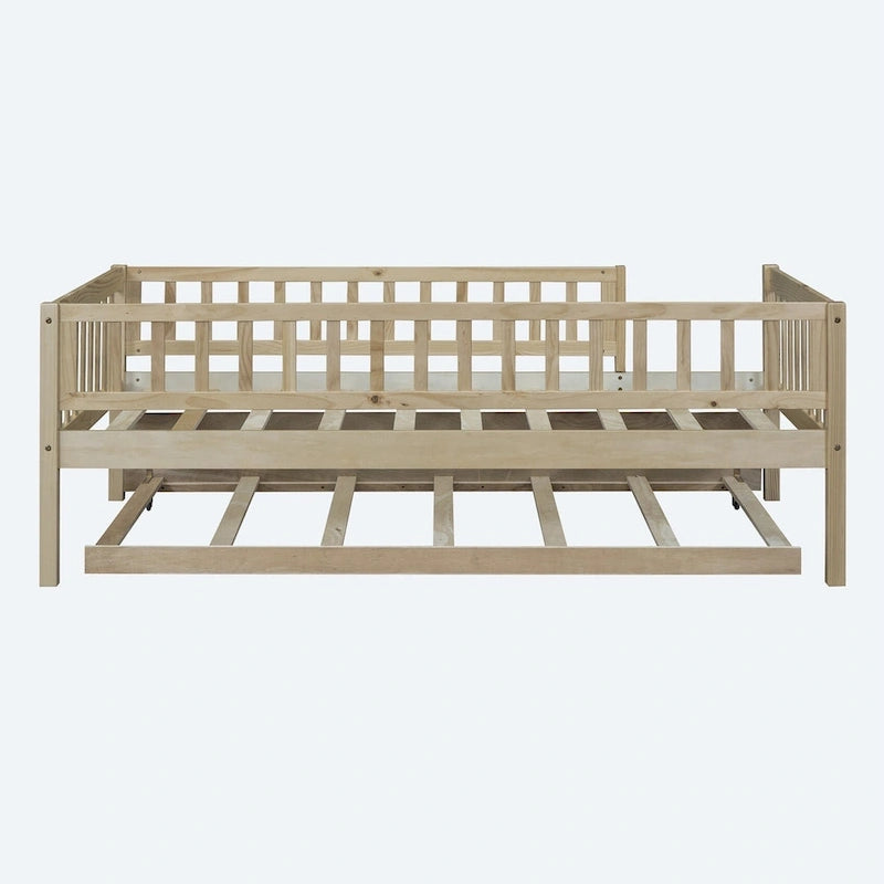 Twin Size Wood Daybed with Trundle and Fence Guardrails