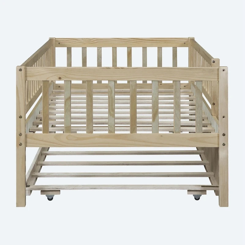 Twin Size Wood Daybed with Trundle and Fence Guardrails