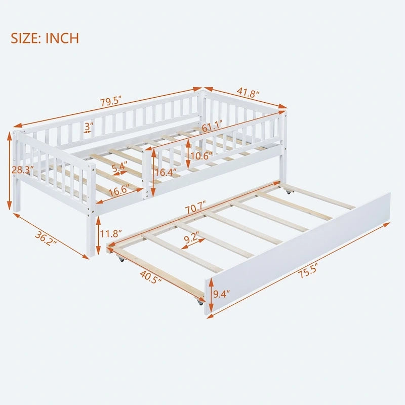 Twin Size Wood Daybed with Trundle and Fence Guardrails