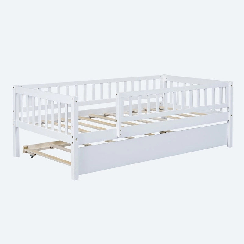 Twin Size Wood Daybed with Trundle and Fence Guardrails