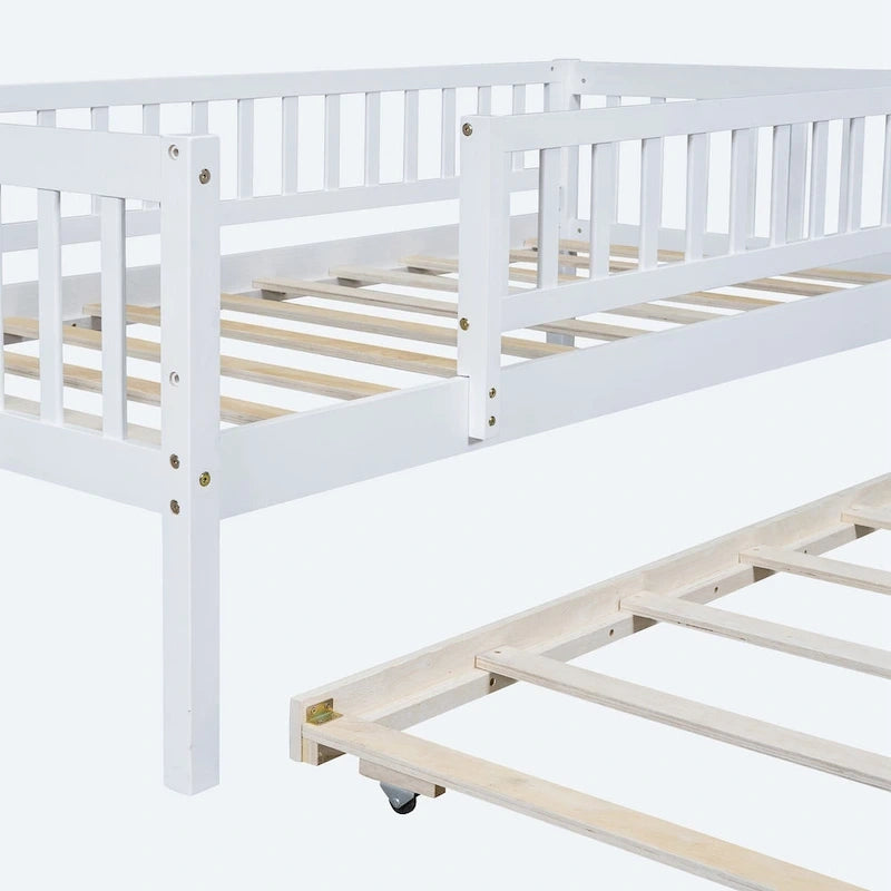 Twin Size Wood Daybed with Trundle and Fence Guardrails