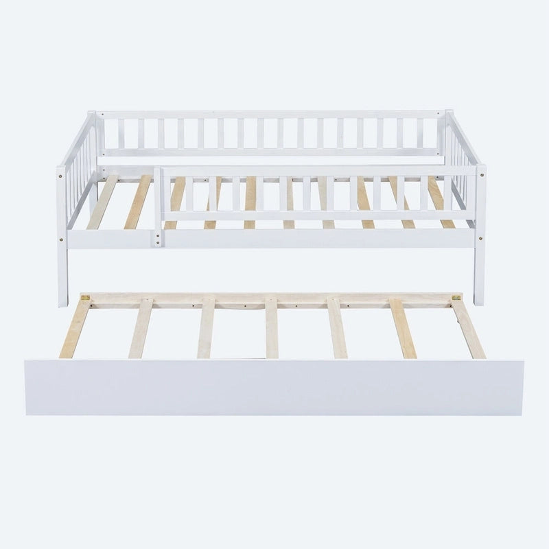 Twin Size Wood Daybed with Trundle and Fence Guardrails