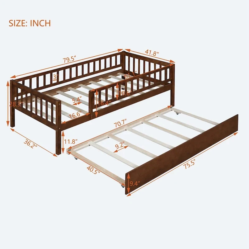 Twin Size Wood Daybed with Trundle and Fence Guardrails
