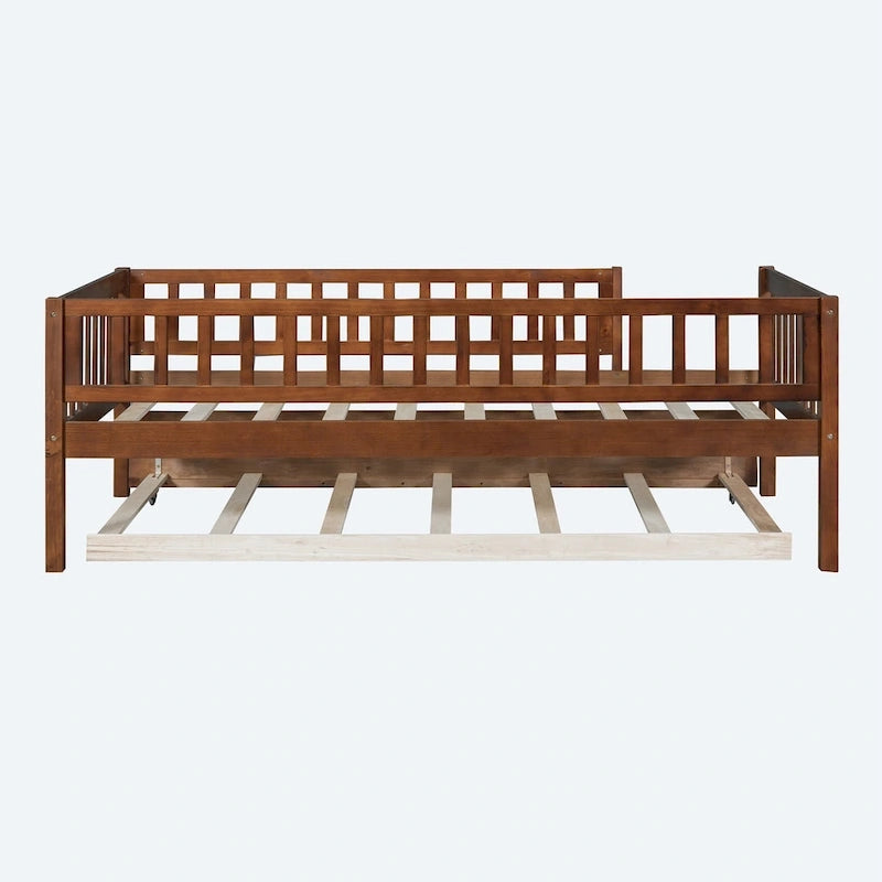 Twin Size Wood Daybed with Trundle and Fence Guardrails