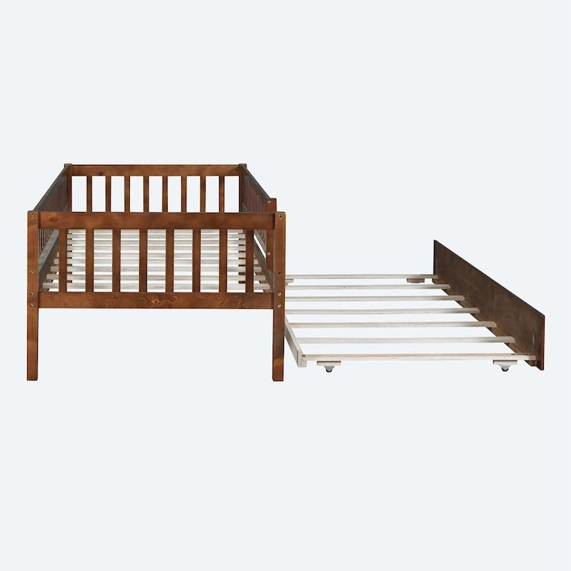 Twin Size Wood Daybed with Trundle and Fence Guardrails