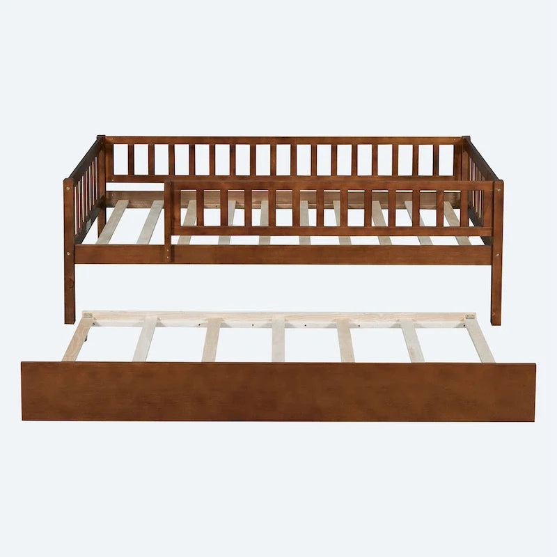 Twin Size Wood Daybed with Trundle and Fence Guardrails