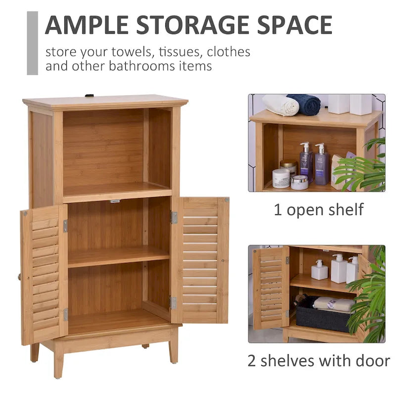HOMCOM Bamboo Floor Cabinet Bathroom Floor Cabinet Living Room Organizer Tower with Multiple Shelves and Doors, Natural