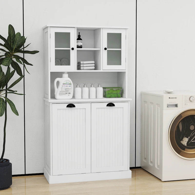 Two-Compartment Tilt-Out Dirty Laundry Basket Tall Bathroom Cabinet