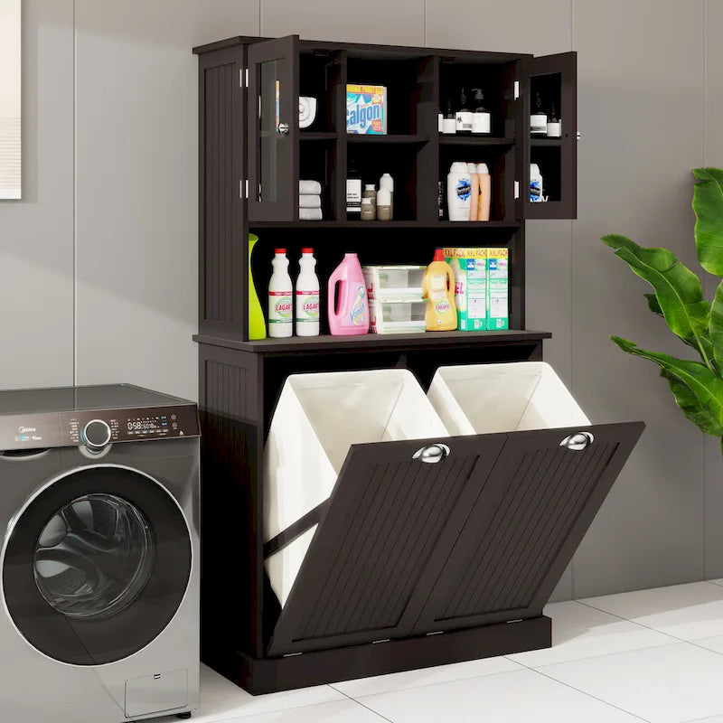 Two-Compartment Tilt-Out Dirty Laundry Basket Tall Bathroom Cabinet