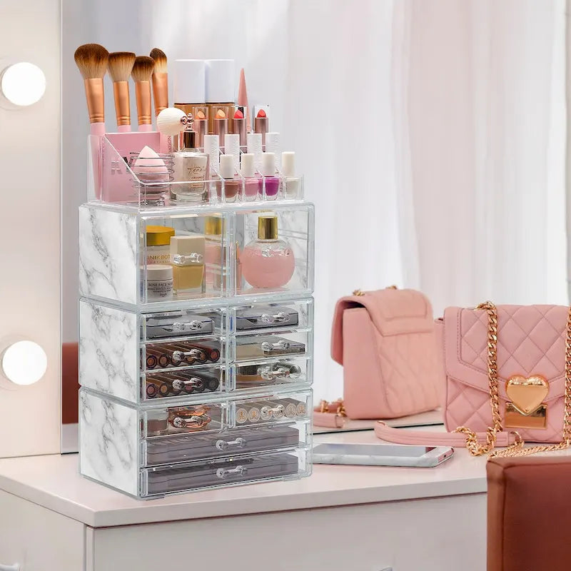 Sorbus Cosmetic Makeup and Jewelry Storage Case with 12 Drawers and 16 Slots - 4-Piece Set