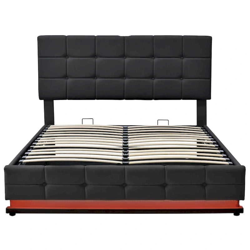 Tufted Upholstered Platform Bed with Hydraulic Storage System,Queen Size PU Storage Bed with LED Lights and USB charger, Black