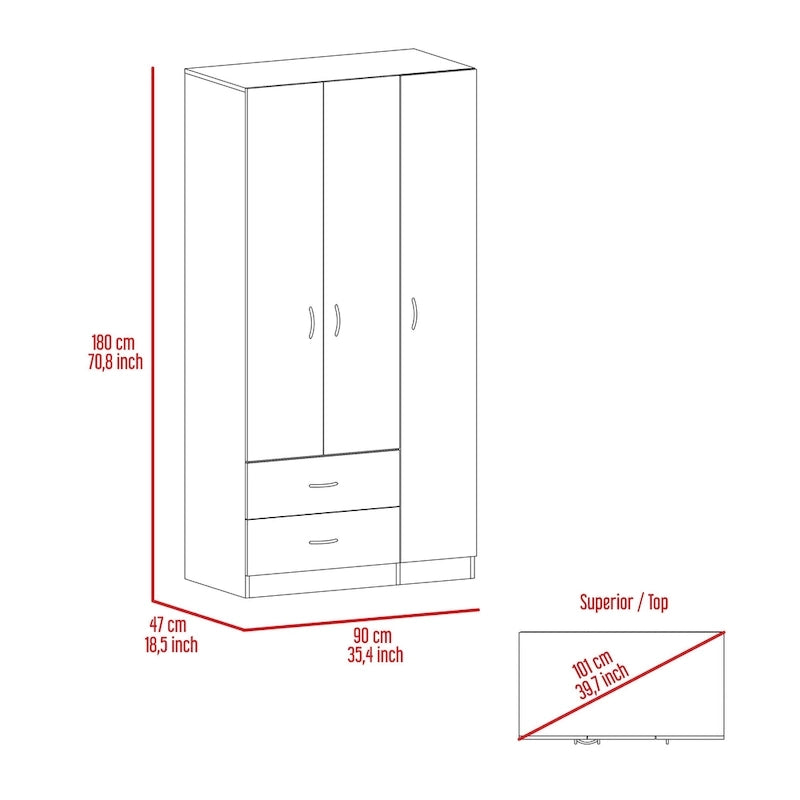 TUHOME Austral 3 Door Armoire with Drawers, Shelves, and Hanging Rod - N/A